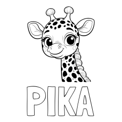 Online izdelana pobarvanka - Pobarvanka imena PIKA in pobarvanka ljubke žirafe z velikimi očmi