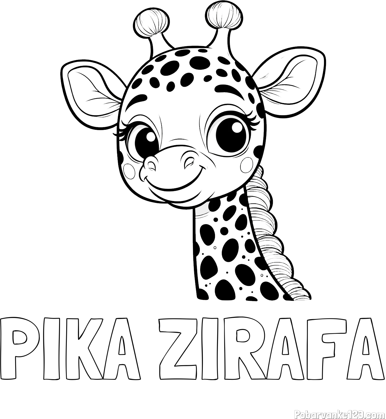 Pobarvanka imena PIKA ŽIRAFA in pobarvanka ljubke žirafe z velikimi očmi