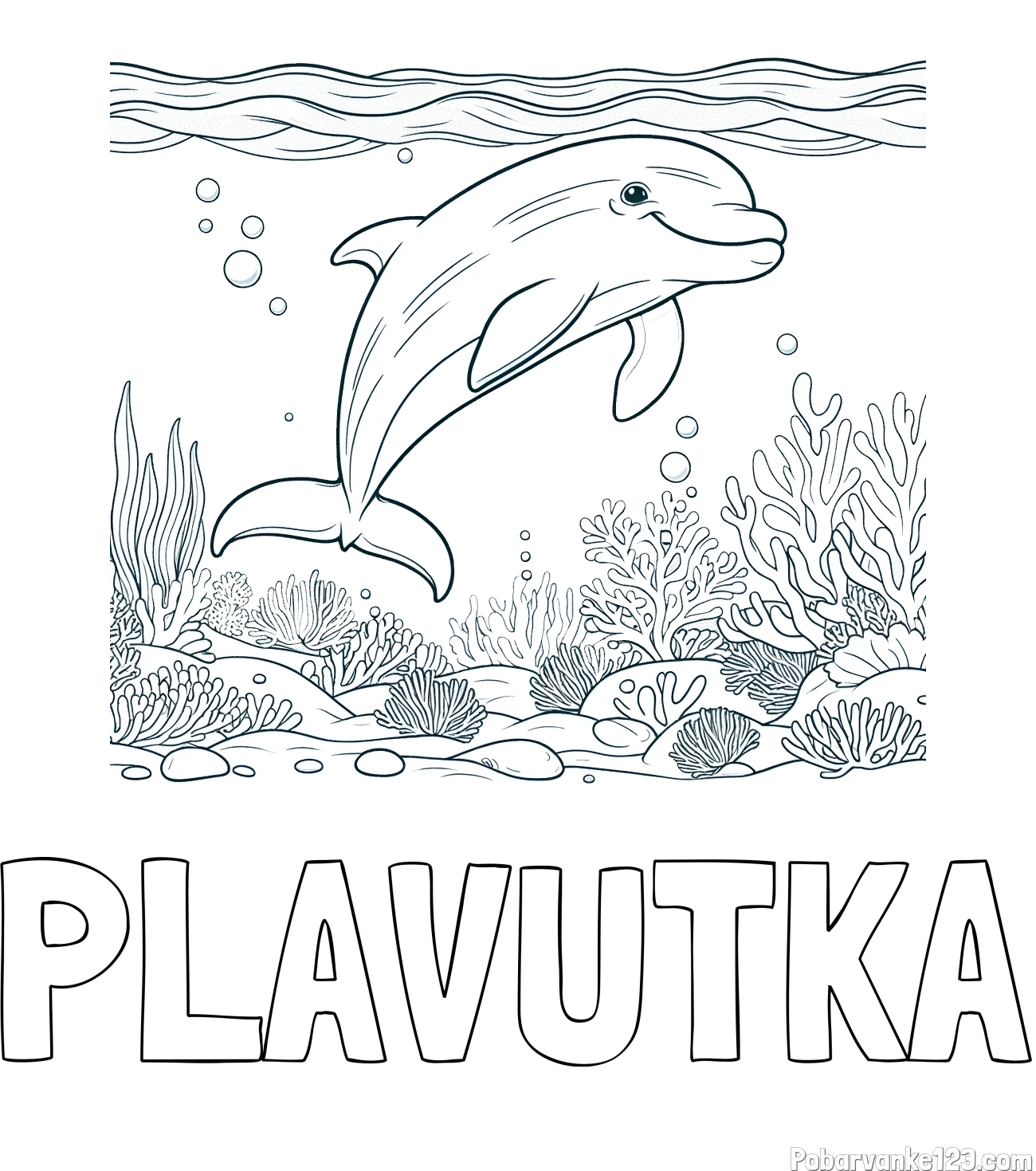 Pobarvanka imena PLAVUTKA in pobarvanka ljubkega delfina med plavanjem v morju