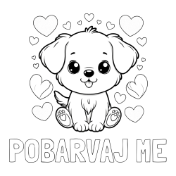 Pobarvanka imena POBARVAJ ME in pobarvanka ljubkega kužka obdanega s srčki