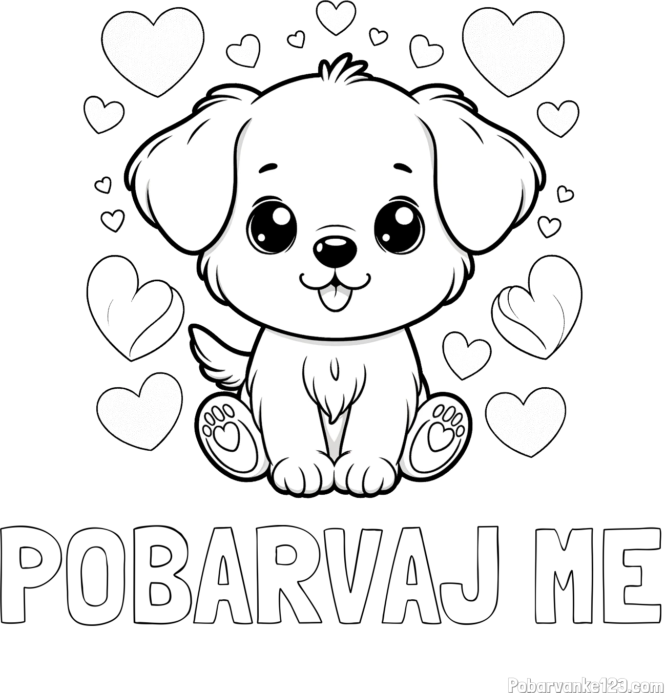 Pobarvanka imena POBARVAJ ME in pobarvanka ljubkega kužka obdanega s srčki