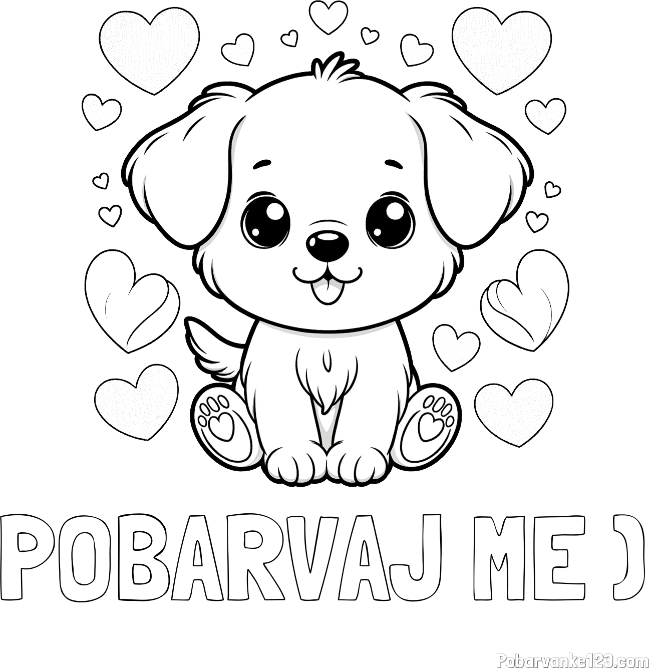 Pobarvanka imena POBARVAJ ME ) in pobarvanka ljubkega kužka obdanega s srčki