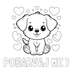 Pobarvanka imena POBARVAJ ME ) in pobarvanka ljubkega kužka obdanega s srčki