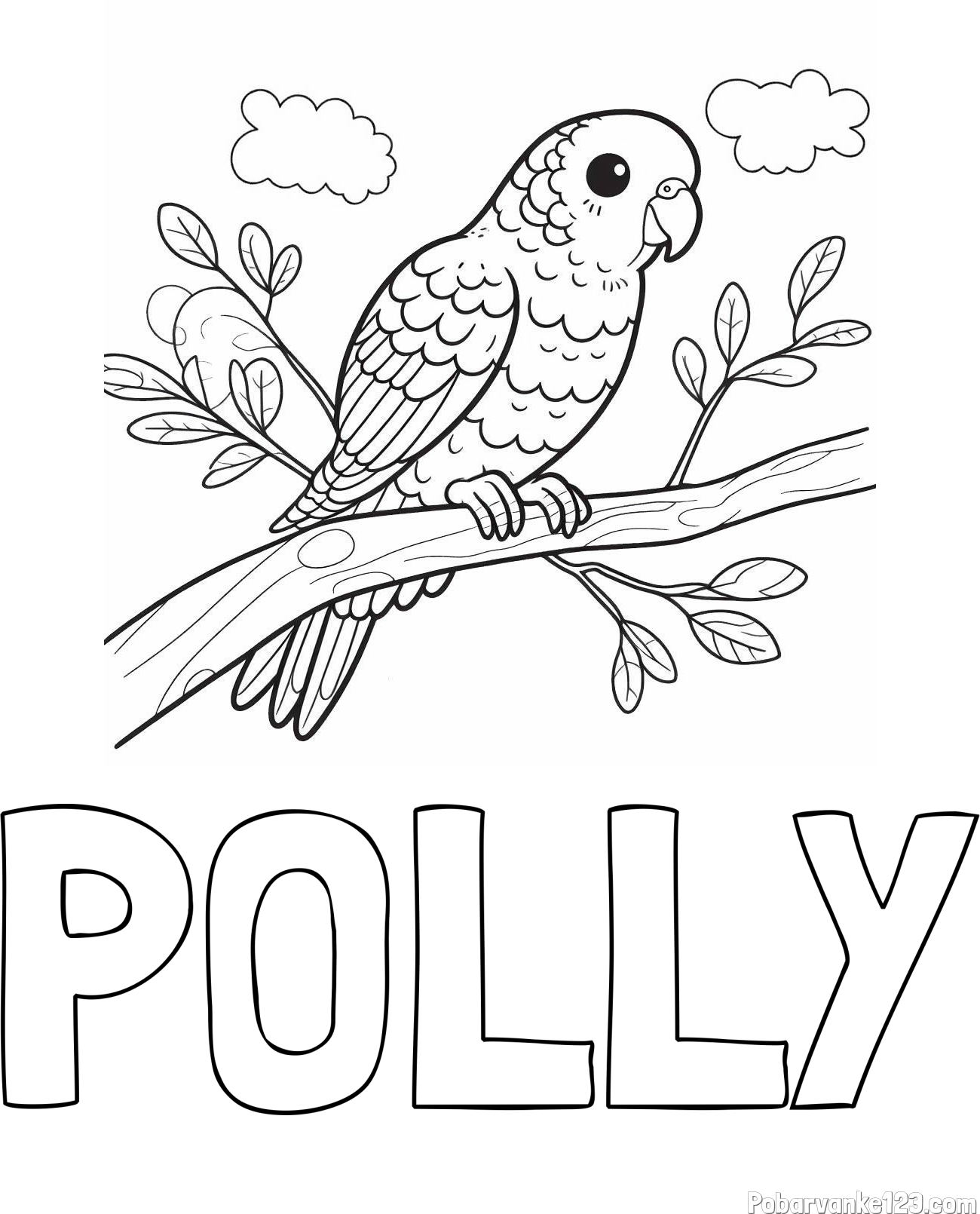 Pobarvanka imena POLLY in pobarvanka ljubkega kanarčka na veji
