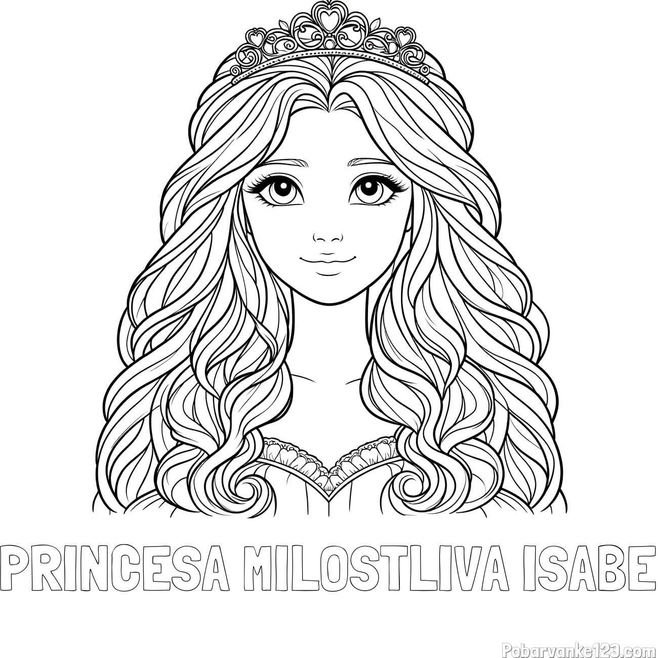Pobarvanka imena PRINCESA MILOSTLIVA ISABE in pobarvanka ljubke princese z bujnimi lasmi