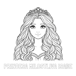 Online izdelana pobarvanka - Pobarvanka imena PRINCESA MILOSTLIVA ISABE in pobarvanka ljubke princese z bujnimi lasmi