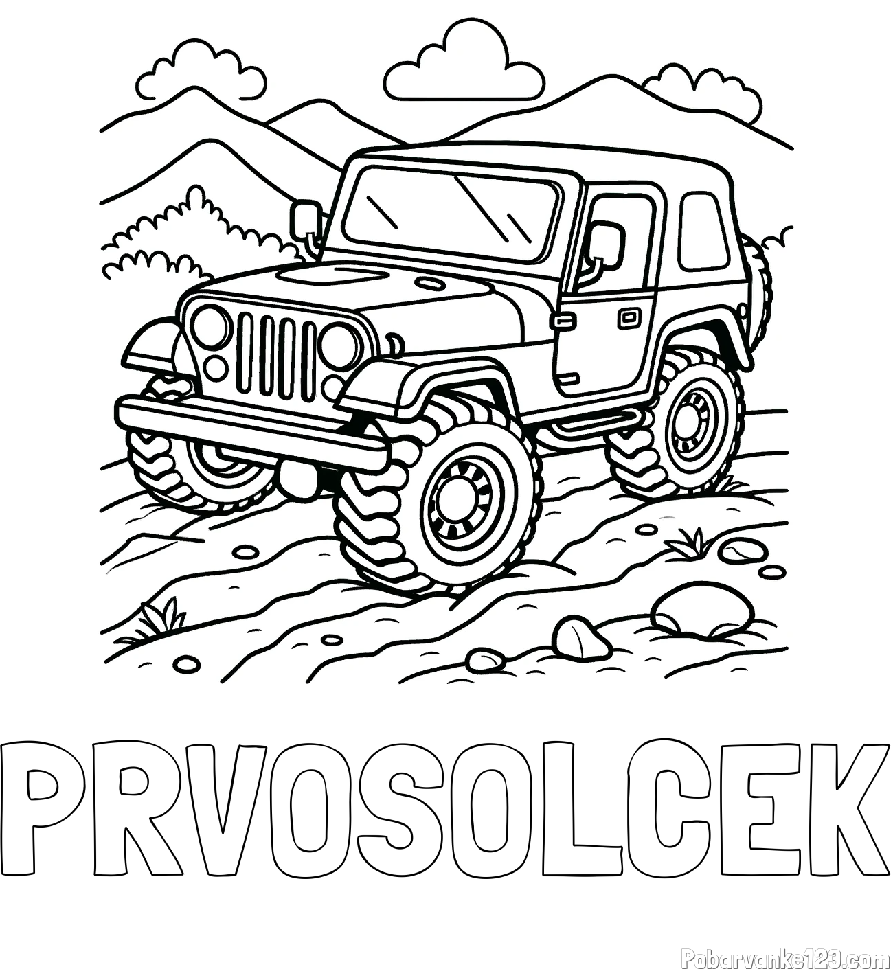 Pobarvanka imena PRVOŠOLČEK in pobarvanka džipa na terenu