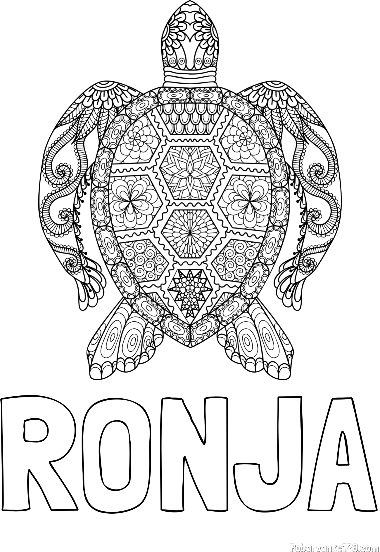 Pobarvanka imena RONJA in pobarvanka želve - mandale