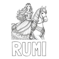 Online izdelana pobarvanka - Pobarvanka imena RUMI in pobarvanka nasmejana princese na konju