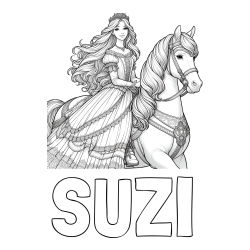 Online izdelana pobarvanka - Pobarvanka imena SUZI in pobarvanka nasmejana princese na konju