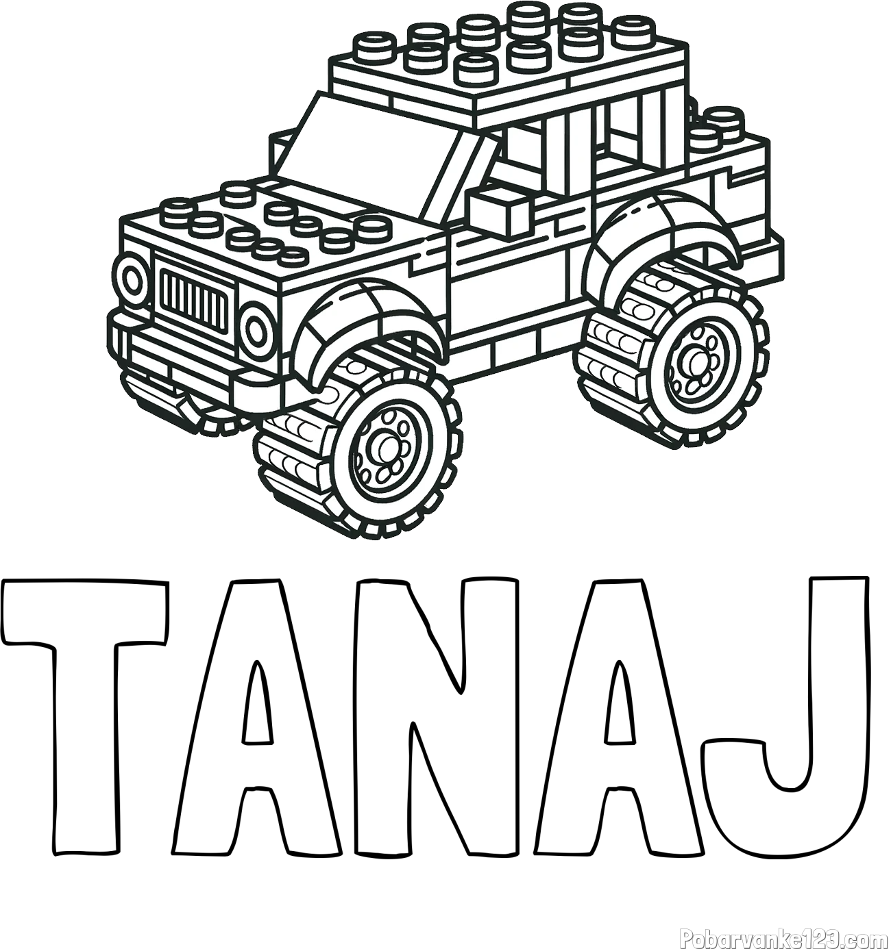 Pobarvanka imena TANAJ in pobarvanka džipa sestavljenega iz LEGO kock