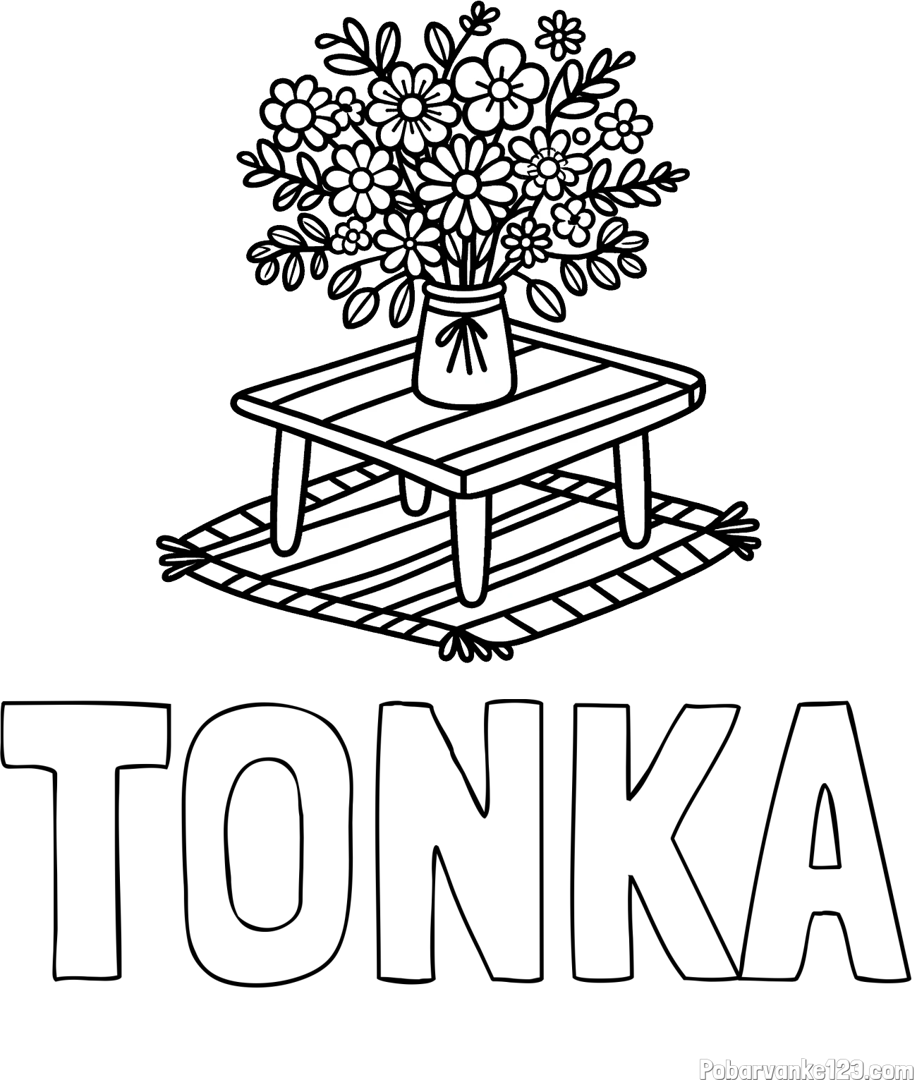 Pobarvanka imena TONKA in pobarvanka šopka rož na mizi
