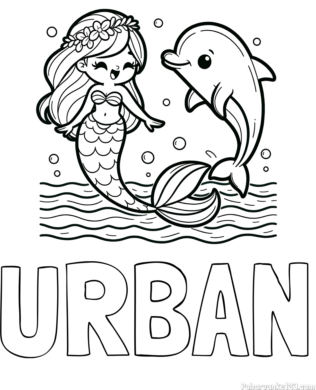 Pobarvanka imena URBAN in pobarvanka ljubke morske deklice, ki pleše z delfinom