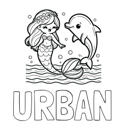 Pobarvanka imena URBAN in pobarvanka ljubke morske deklice, ki pleše z delfinom