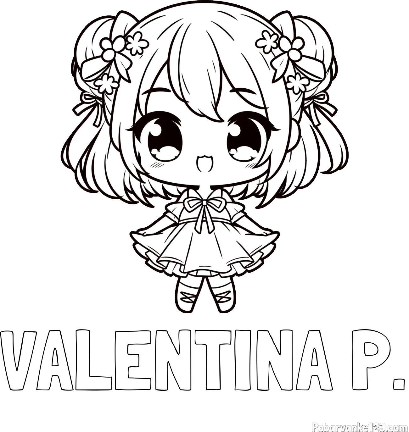 Pobarvanka imena VALENTINA P. in otroška pobarvanka punčke v japonskem anime slogu