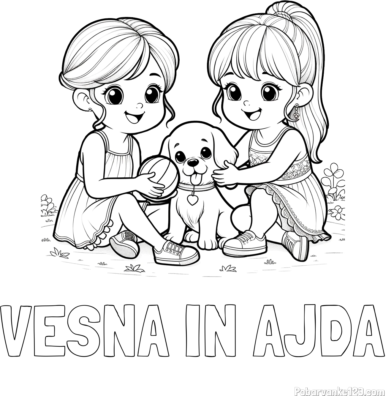 Pobarvanka imena VESNA IN AJDA in pobarvanka prijateljic s kužkom