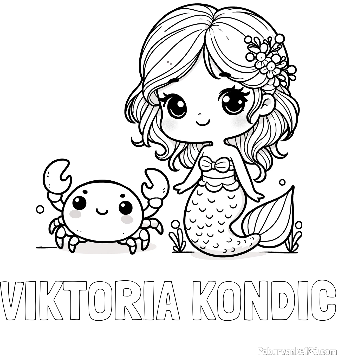 Pobarvanka imena VIKTORIA KONDIC in pobarvanka ljubke morske deklice in veselega raka
