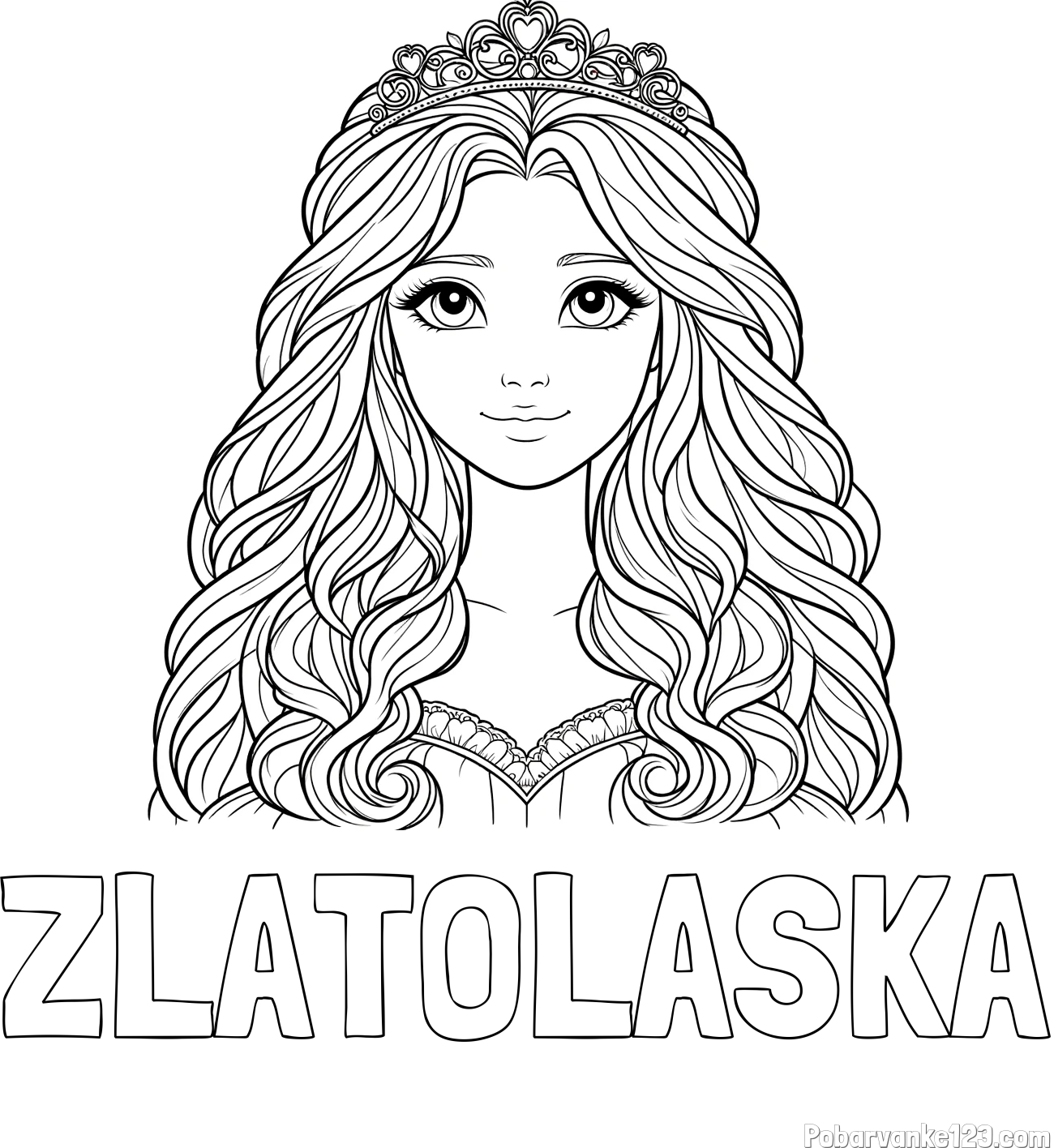 Pobarvanka imena ZLATOLASKA in pobarvanka ljubke princese z bujnimi lasmi