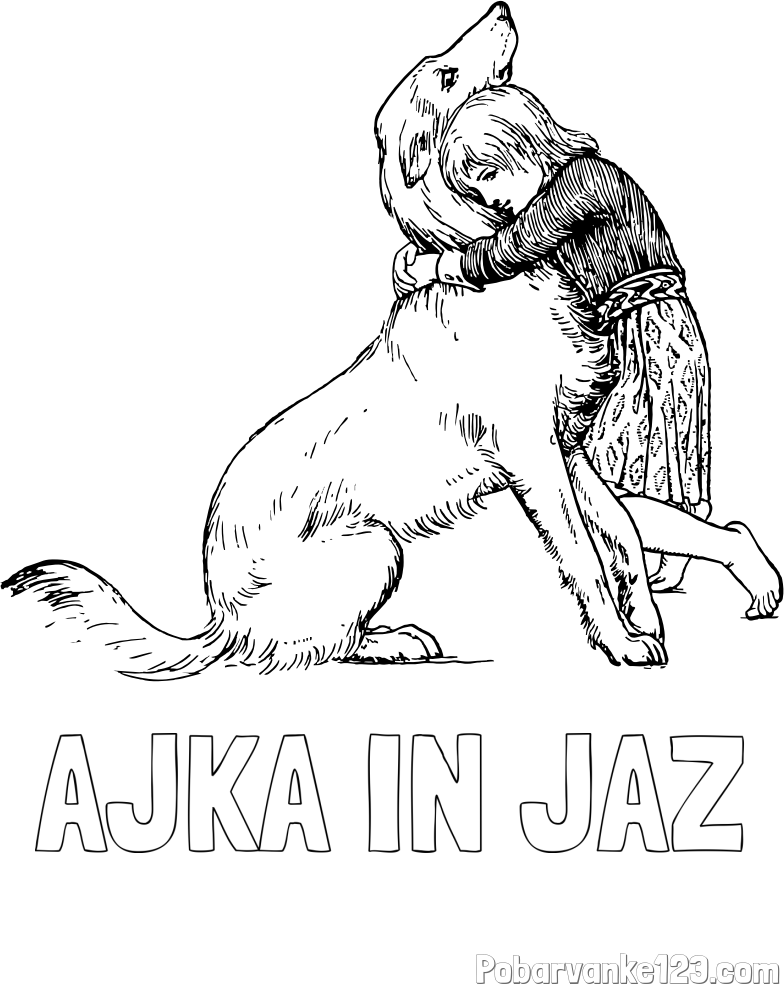 Pobarvanka imena AJKA IN JAZ in pobarvanka prikupnega kužka, ki ga objema mala deklica