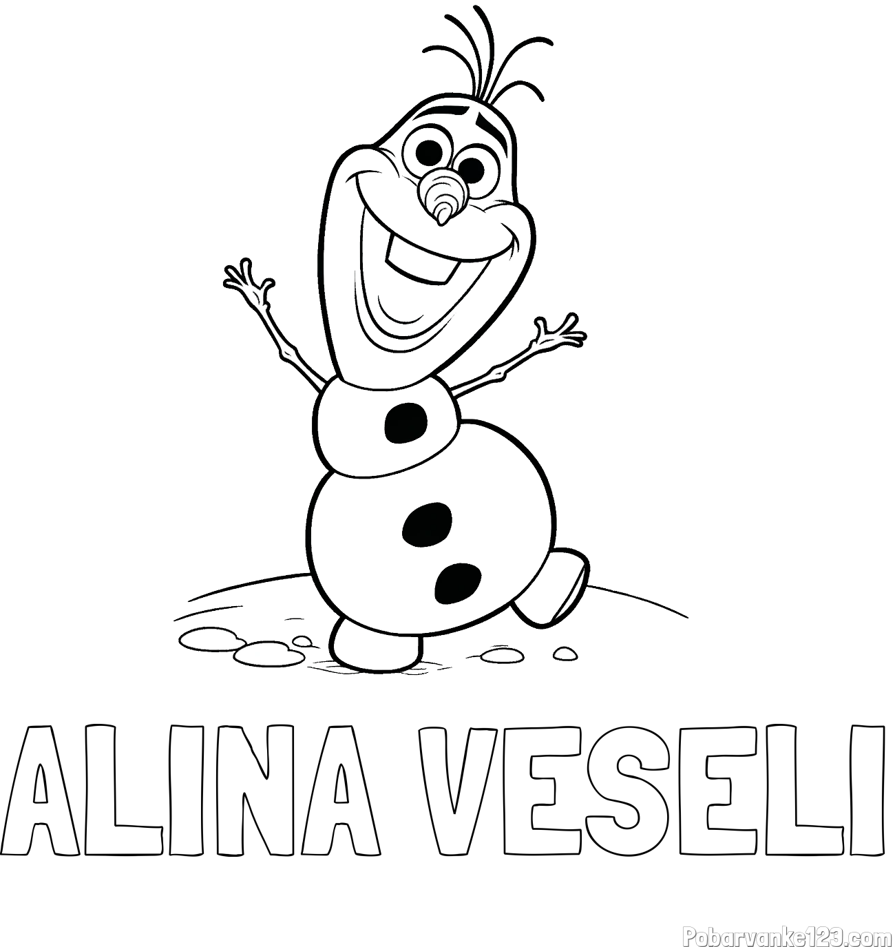 Pobarvanka imena ALINA VESELI in pobarvaka lubkega snežaka Olaf