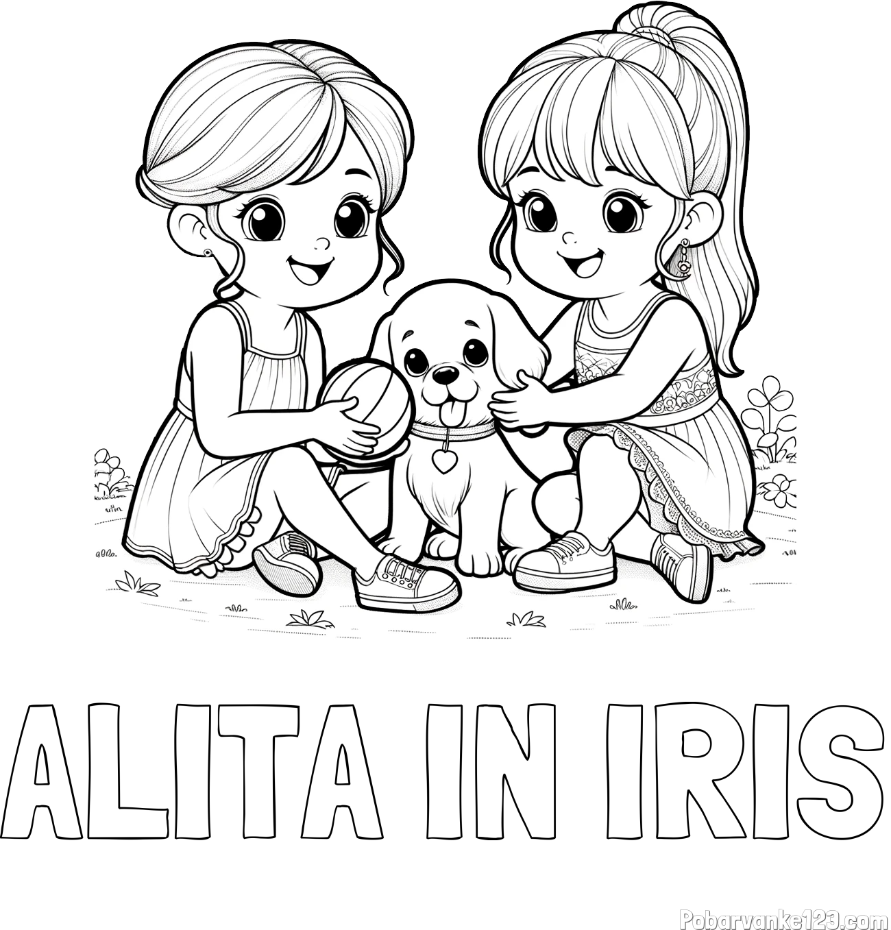 Pobarvanka imena ALITA IN IRIS in pobarvanka prijateljic s kužkom