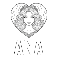 Online izdelana pobarvanka - Pobarvanka imena ANA in pobarvanka ljubke princese v srčku