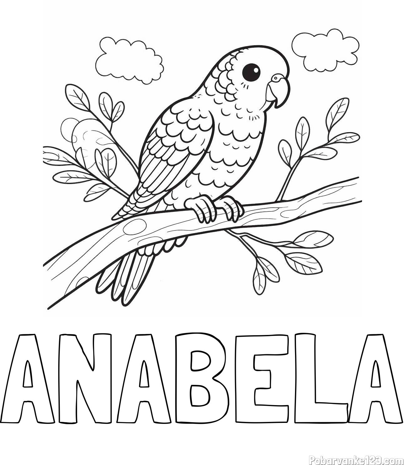 Pobarvanka imena ANABELA in pobarvanka ljubkega kanarčka na veji