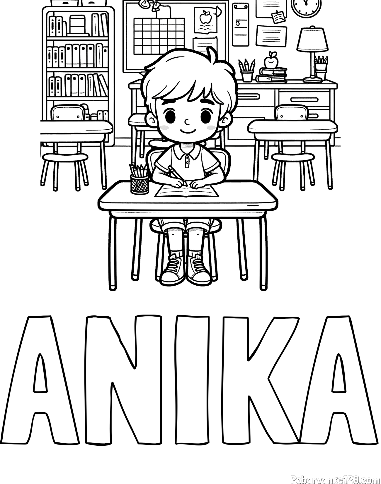 Pobarvanka imena ANIKA in pobarvanka učenca v učilnici