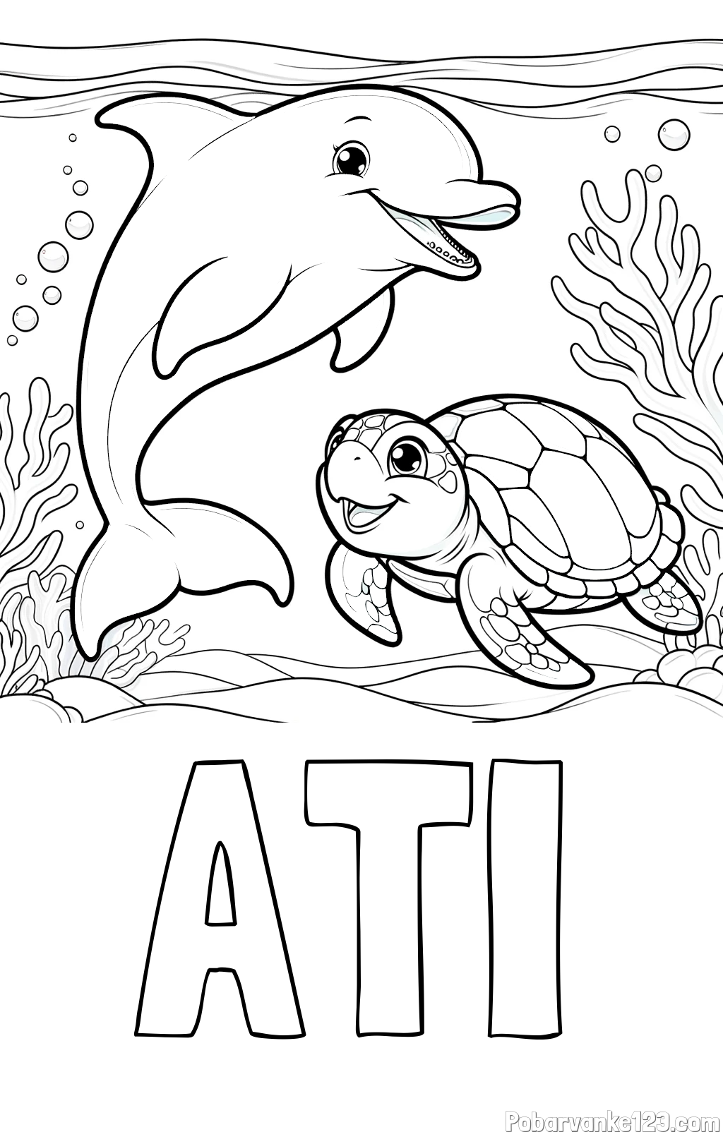 Pobarvanka imena ATI in pobarvanka ljubkega delfina z želvo v morju