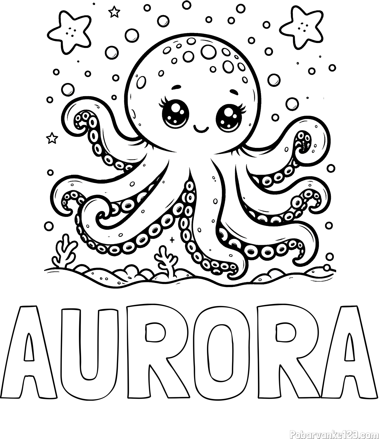 Pobarvanka imena AURORA in pobarvanka hobotnice v morju obdane z morskimi zvezdami