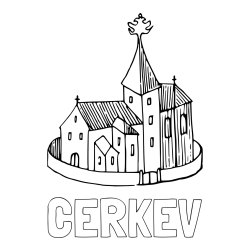 Online izdelana pobarvanka - Pobarvanka imena CERKEV in pobarvanka cerkve obdane z obzidjem
