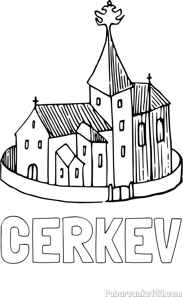 Pobarvanka imena CERKEV in pobarvanka cerkve obdane z obzidjem