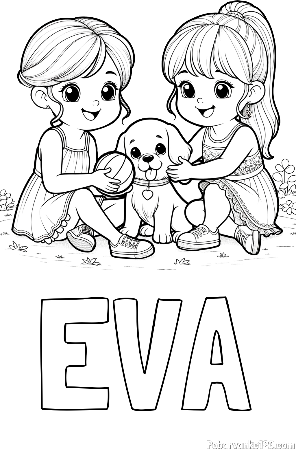 Pobarvanka imena EVA in pobarvanka prijateljic s kužkom