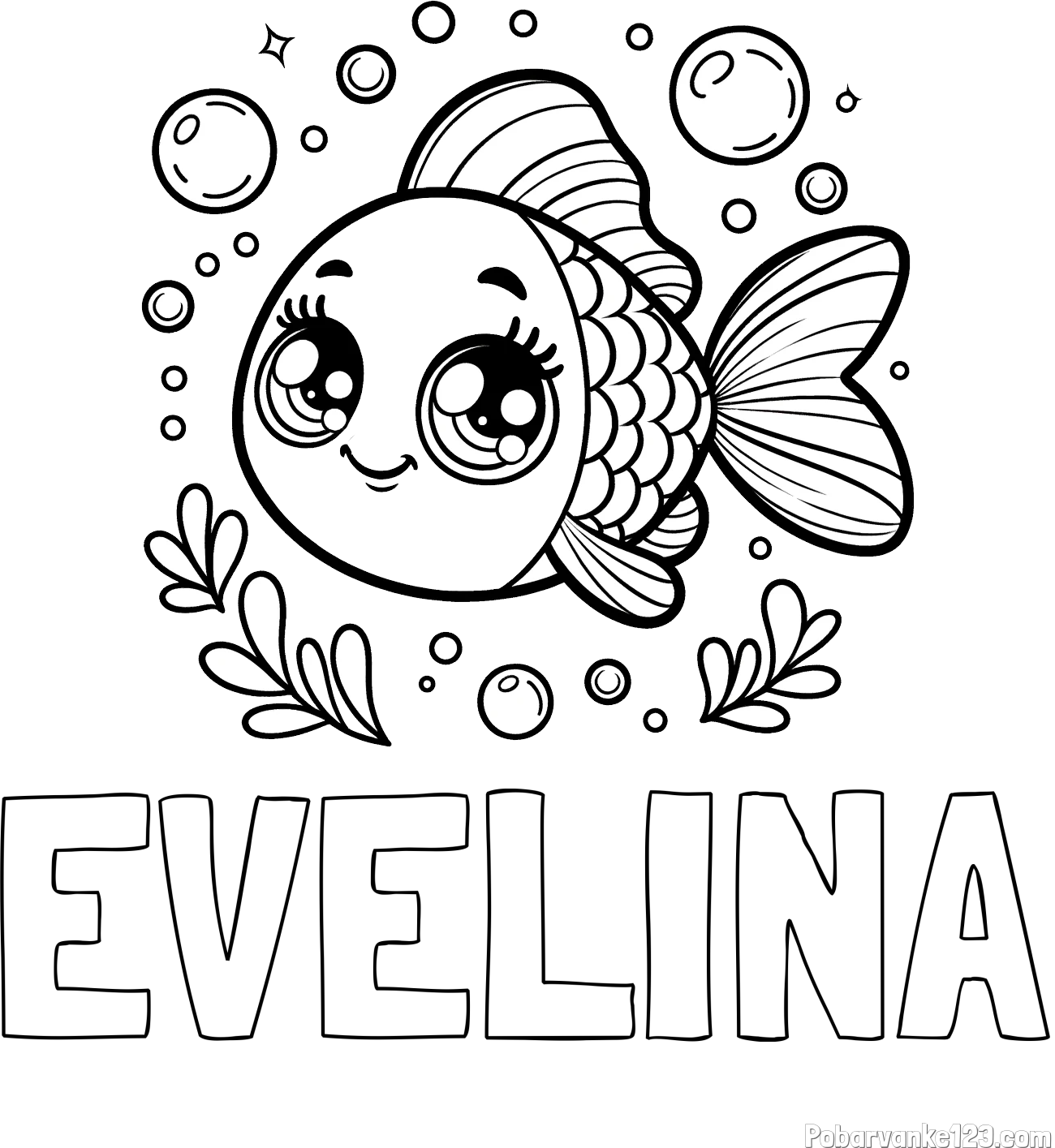 Pobarvanka imena EVELINA in pobarvanka prisrčne ribice