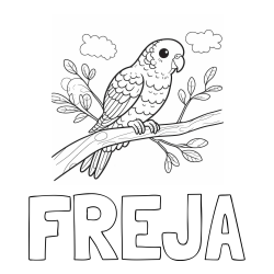 Online izdelana pobarvanka - Pobarvanka imena FREJA in pobarvanka ljubkega kanarčka na veji