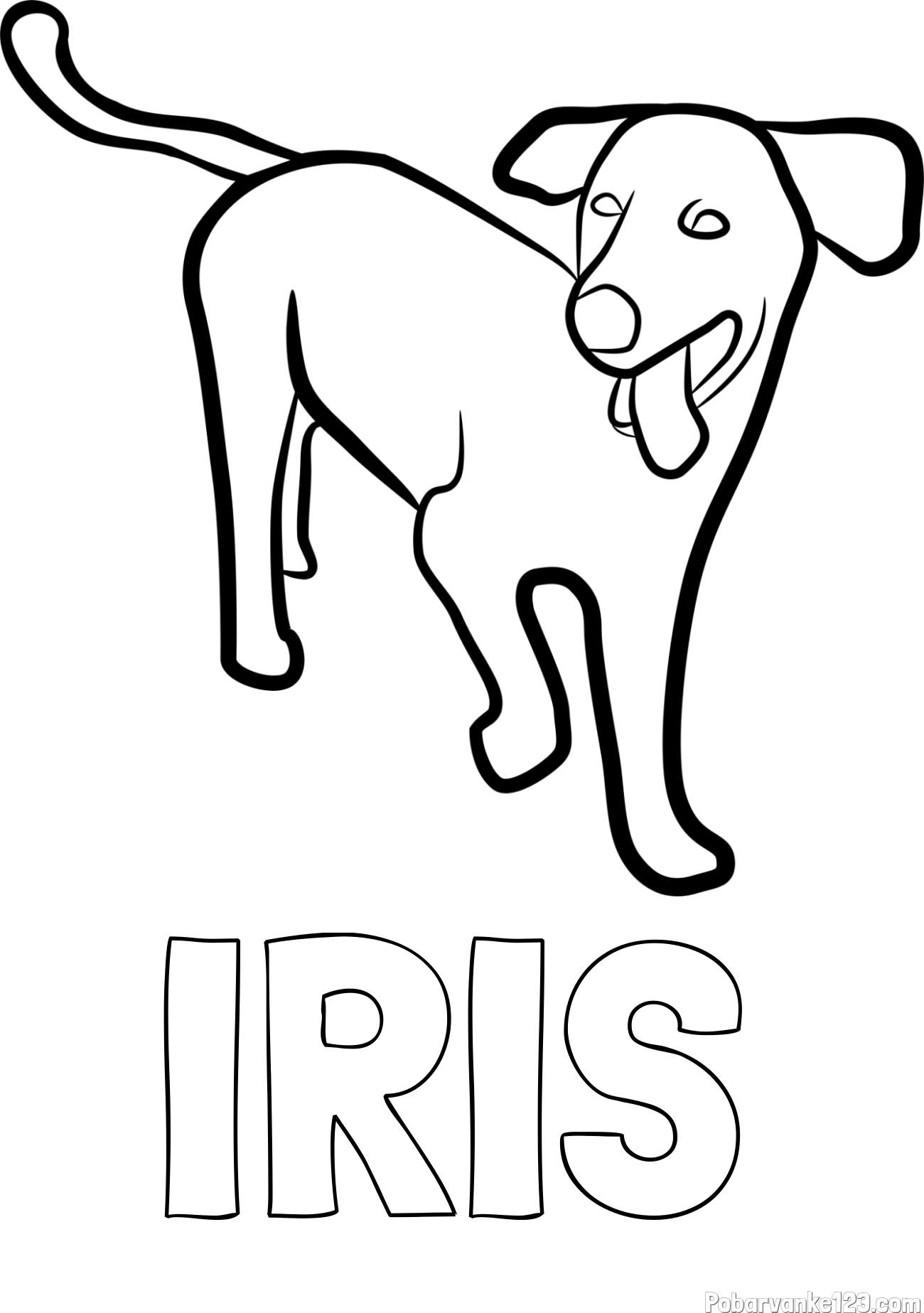 Pobarvanka imena IRIS in pobarvanka prikupnega, a nekoliko utrujenega kužka