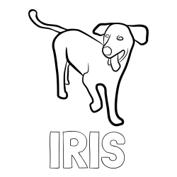 Online izdelana pobarvanka - Pobarvanka imena IRIS in pobarvanka prikupnega, a nekoliko utrujenega kužka