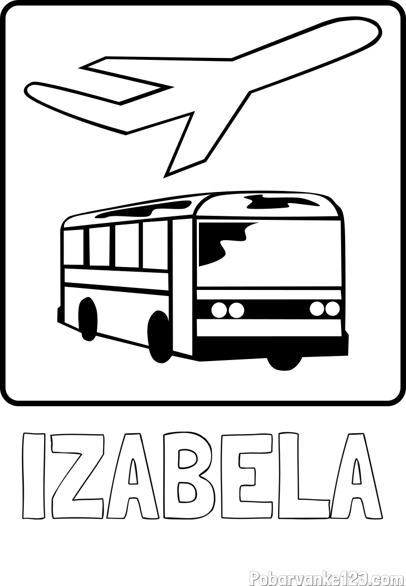 Pobarvanka imena IZABELA in avtobus in letalo
