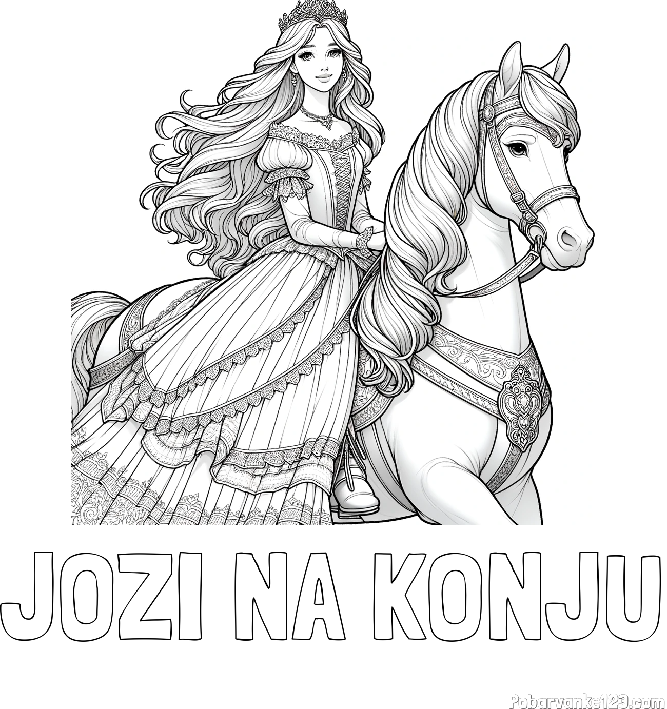 Pobarvanka imena JOZI NA KONJU in pobarvanka nasmejana princese na konju