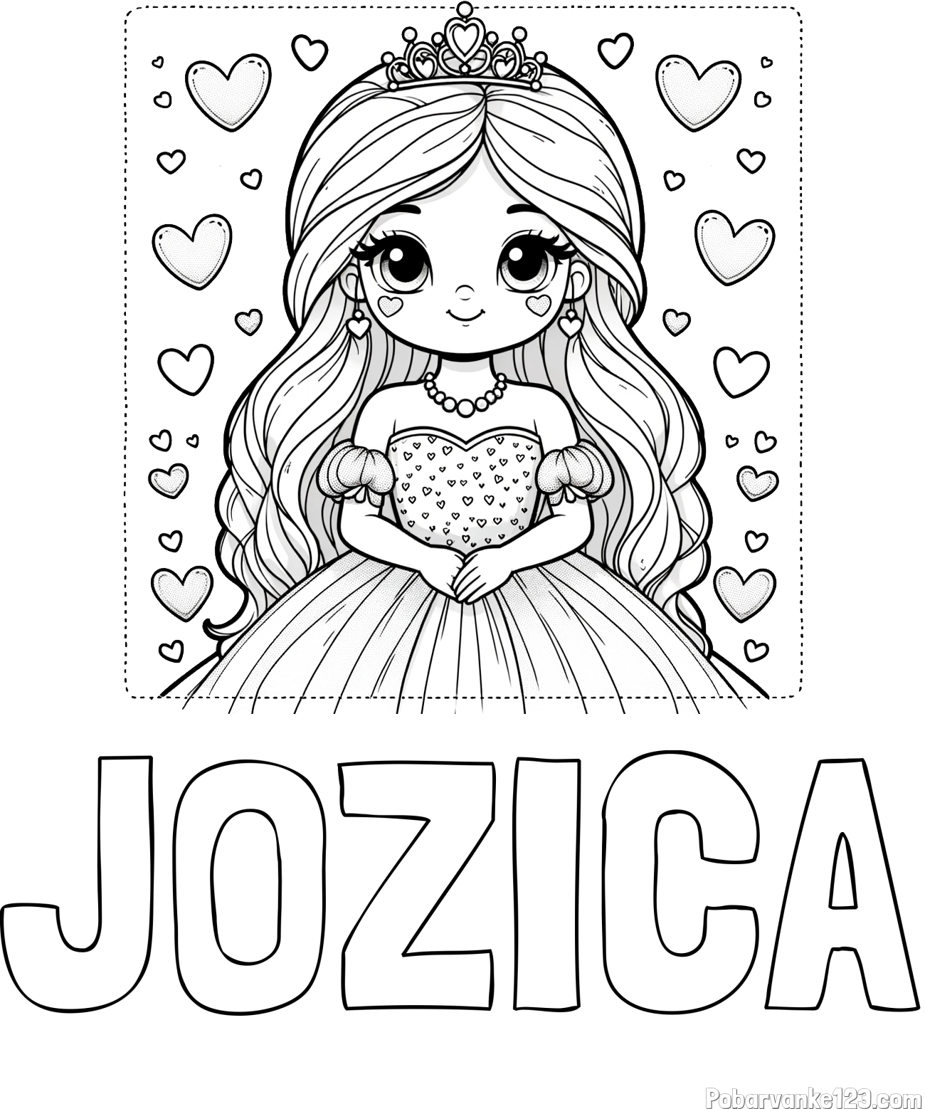 Pobarvanka imena JOZICA in pobarvanka ljubke princese obdane s srčki
