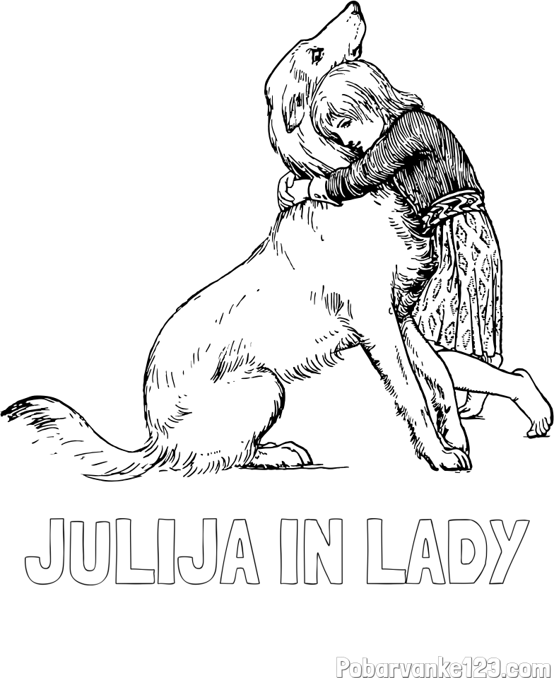 Pobarvanka imena JULIJA IN LADY in pobarvanka prikupnega kužka, ki ga objema mala deklica