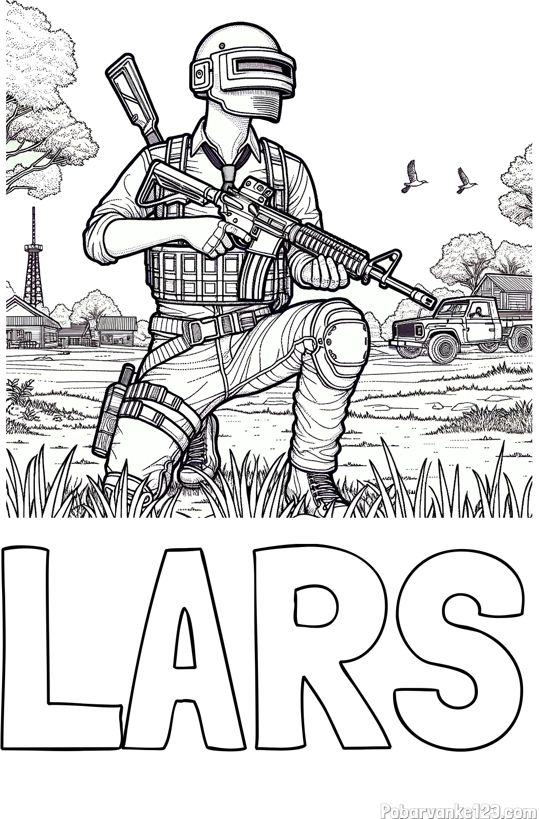 Pobarvanka imena LARS in PUBG pobarvanka glavnega lika v klečečem položaju