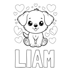 Online izdelana pobarvanka - Pobarvanka imena LIAM in pobarvanka ljubkega kužka obdanega s srčki