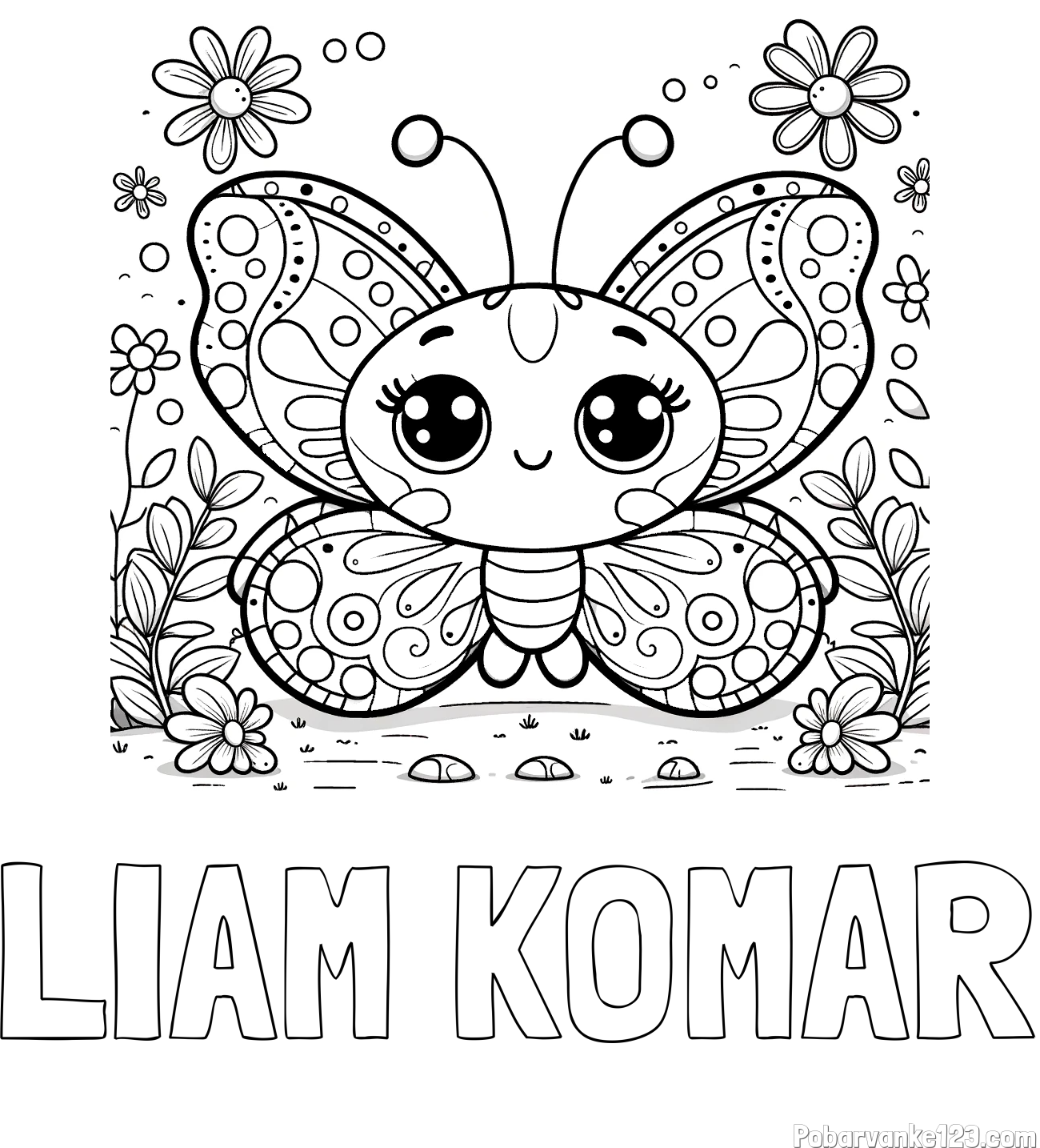 Pobarvanka imena LIAM KOMAR in pobarvanka ljubkega metuljčka