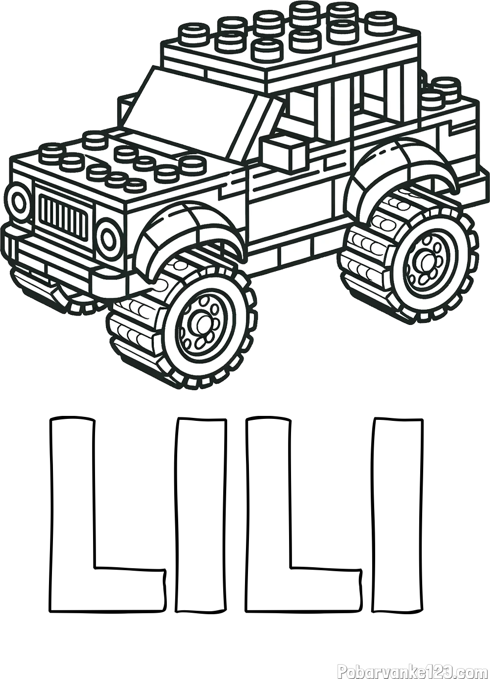 Pobarvanka imena LILI in pobarvanka džipa sestavljenega iz LEGO kock