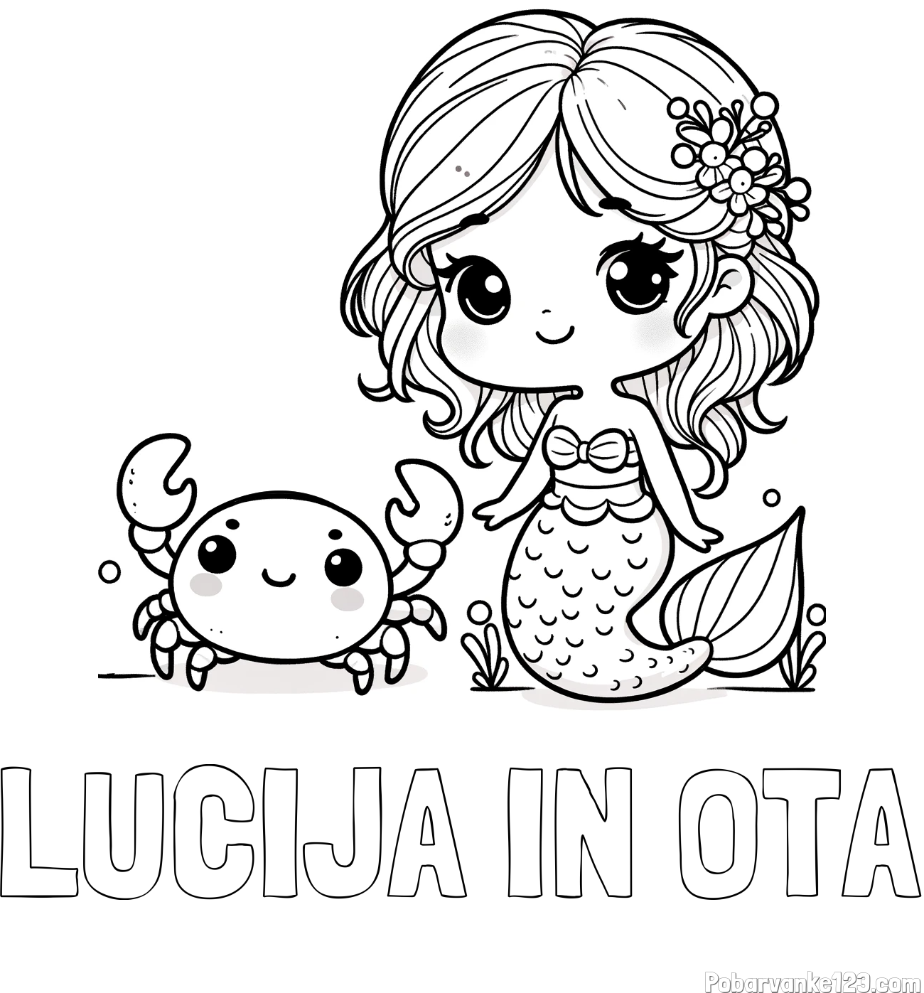 Pobarvanka imena LUCIJA IN OTA in pobarvanka ljubke morske deklice in veselega raka