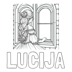 Online izdelana pobarvanka - Pobarvanka imena LUCIJA in pobarvanka princese, ki gleda skozi okno