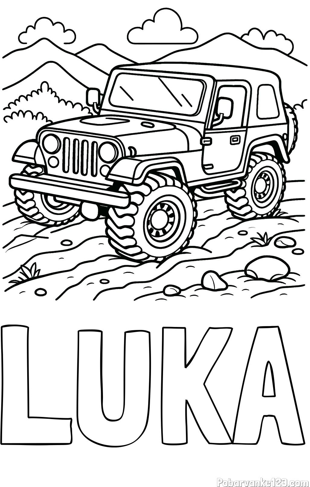 Pobarvanka imena LUKA in pobarvanka džipa na terenu