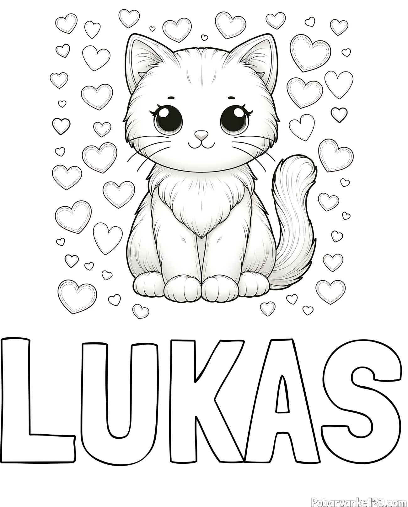 Pobarvanka imena LUKAS in pobarvanka ljubke mucke obdane s srčki