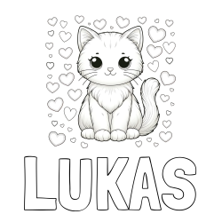 Online izdelana pobarvanka - Pobarvanka imena LUKAS in pobarvanka ljubke mucke obdane s srčki